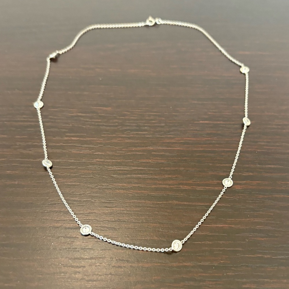 Elegant bezel station necklace sterling silver with cubic zirconia 18”